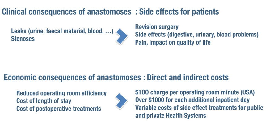 Side effects of poor anastomoses : leaks, stenoses, reduced operating room efficiency, cost of post operative treatments.
